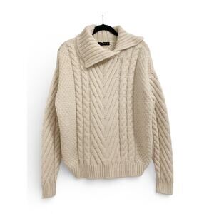 ZARA knit chunky cable fisherman sweater mock neck collar oversized beige Sz M